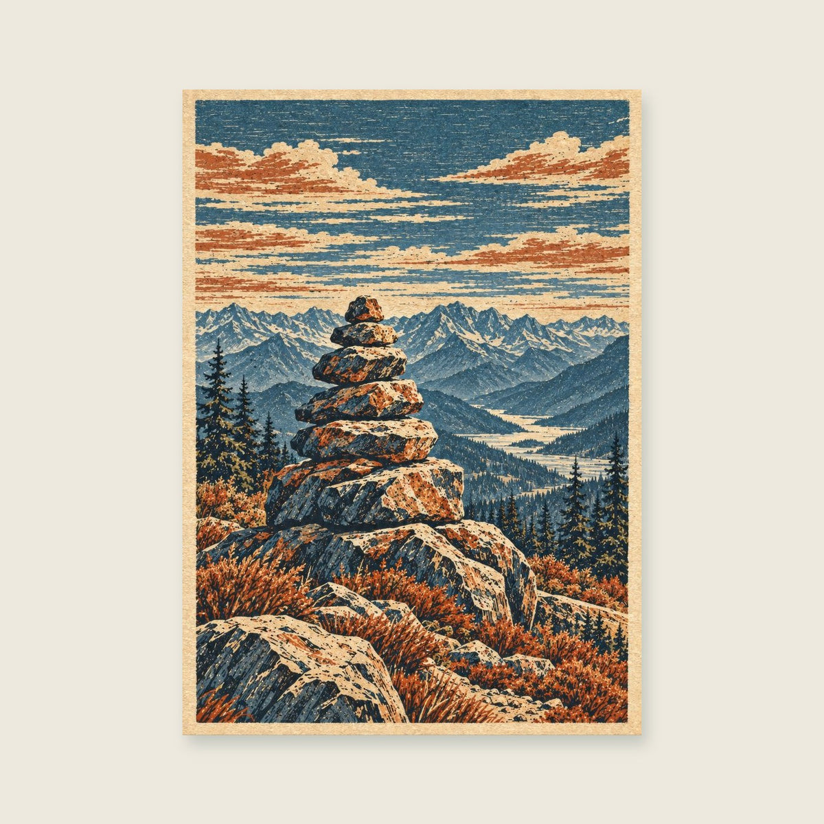 The Summit Marker — Modern landscape woodcut home office art print