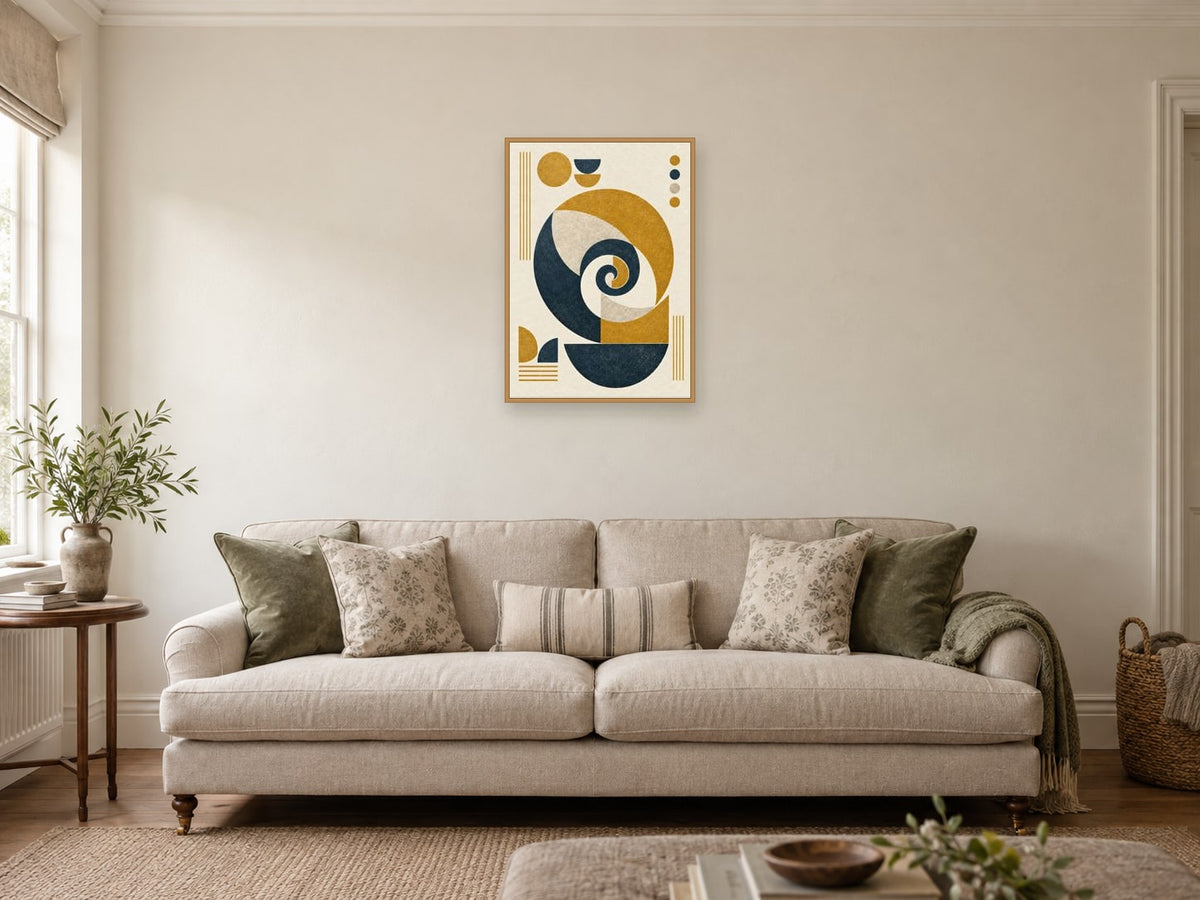 The Turning Shape — A2 artwork shown in a room with a natural wood frame; select a framed finish to include a frame