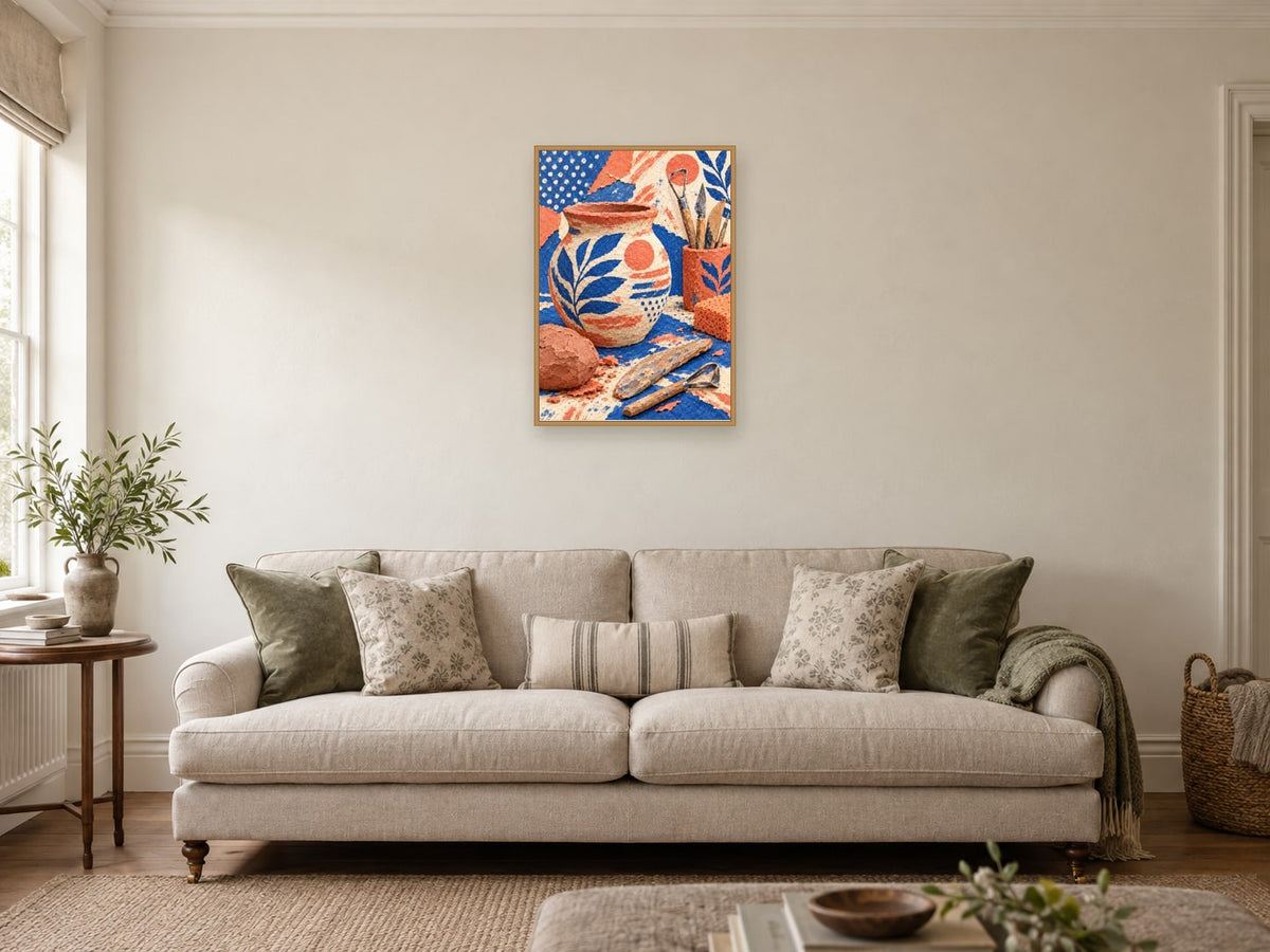 Clay on the Workbench — A2 artwork shown in a room with a natural wood frame; select a framed finish to include a frame