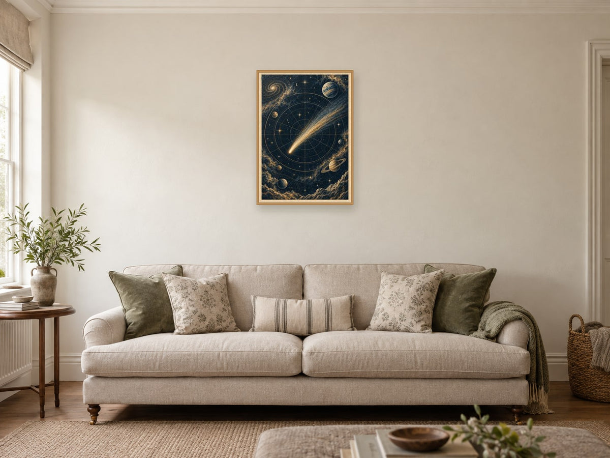 Comet Across the Grid — A2 artwork shown in a room with a natural wood frame; select a framed finish to include a frame