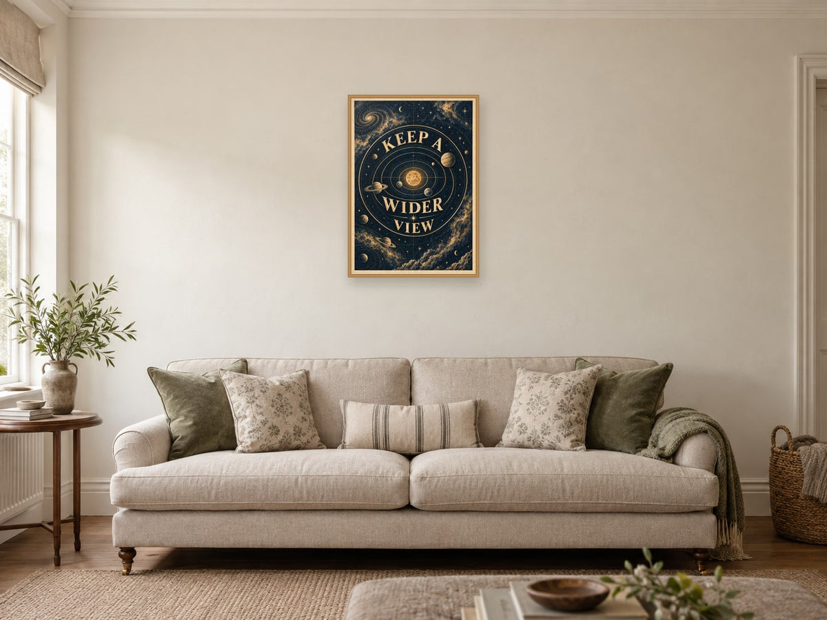 Keep a Wider View — A2 artwork shown in a room with a natural wood frame; select a framed finish to include a frame