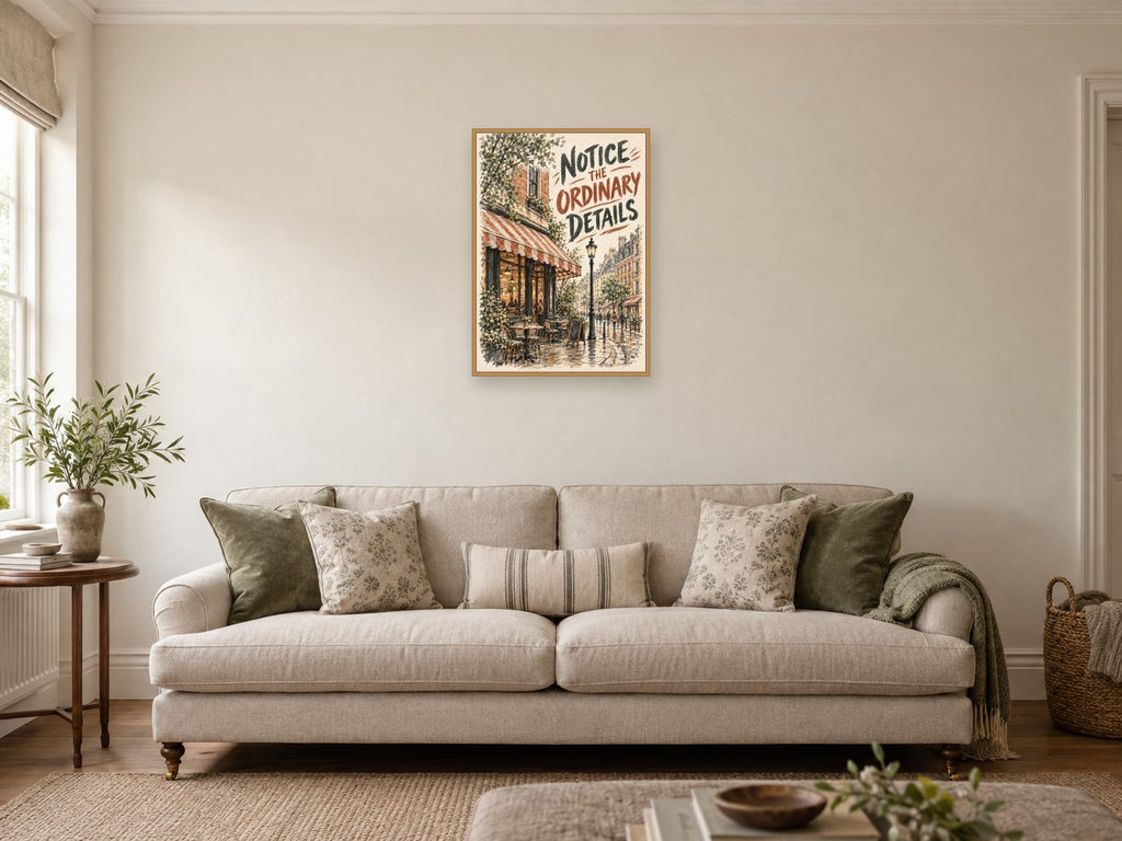 Notice the Ordinary Details — A2 artwork shown in a room with a natural wood frame; select a framed finish to include a frame