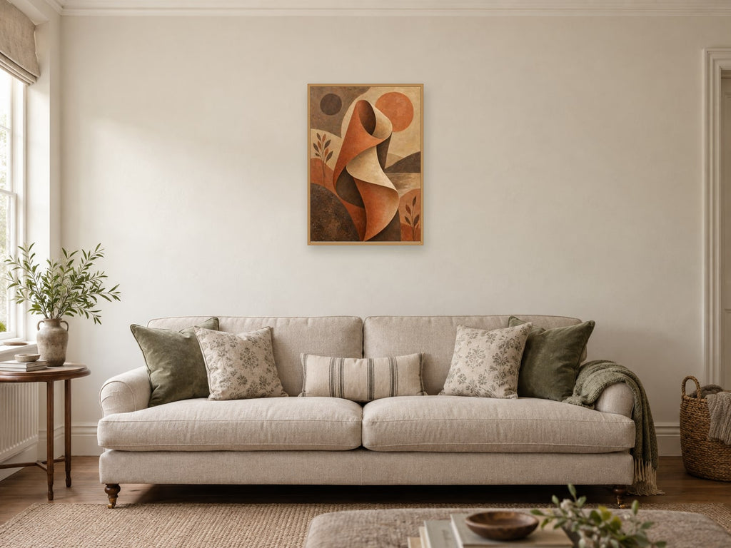 Ochre Fold — A2 artwork shown in a room with a natural wood frame; select a framed finish to include a frame