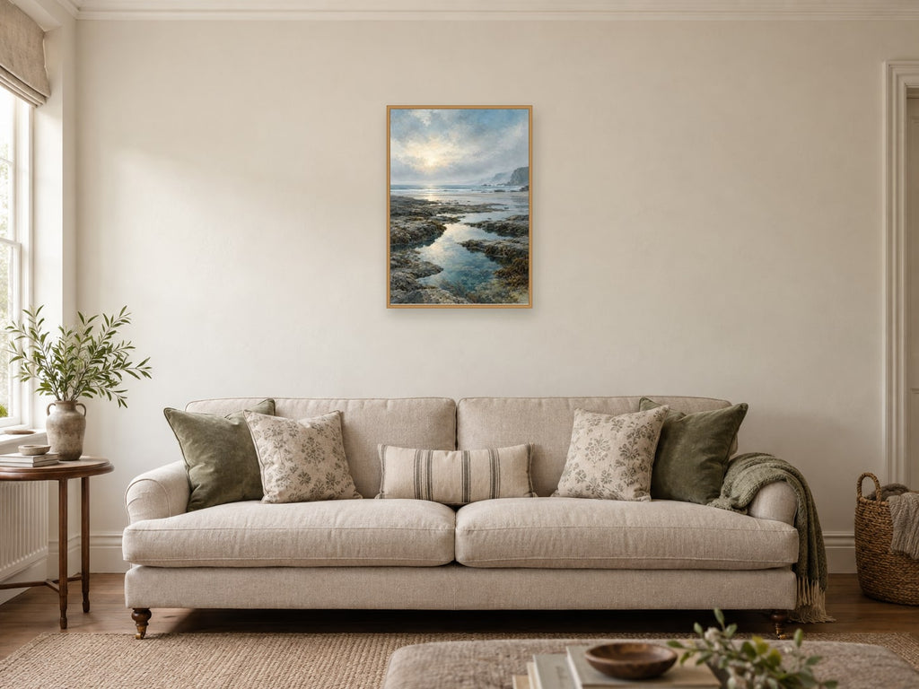 Low Tide Horizon — A2 artwork shown in a room with a natural wood frame; select a framed finish to include a frame