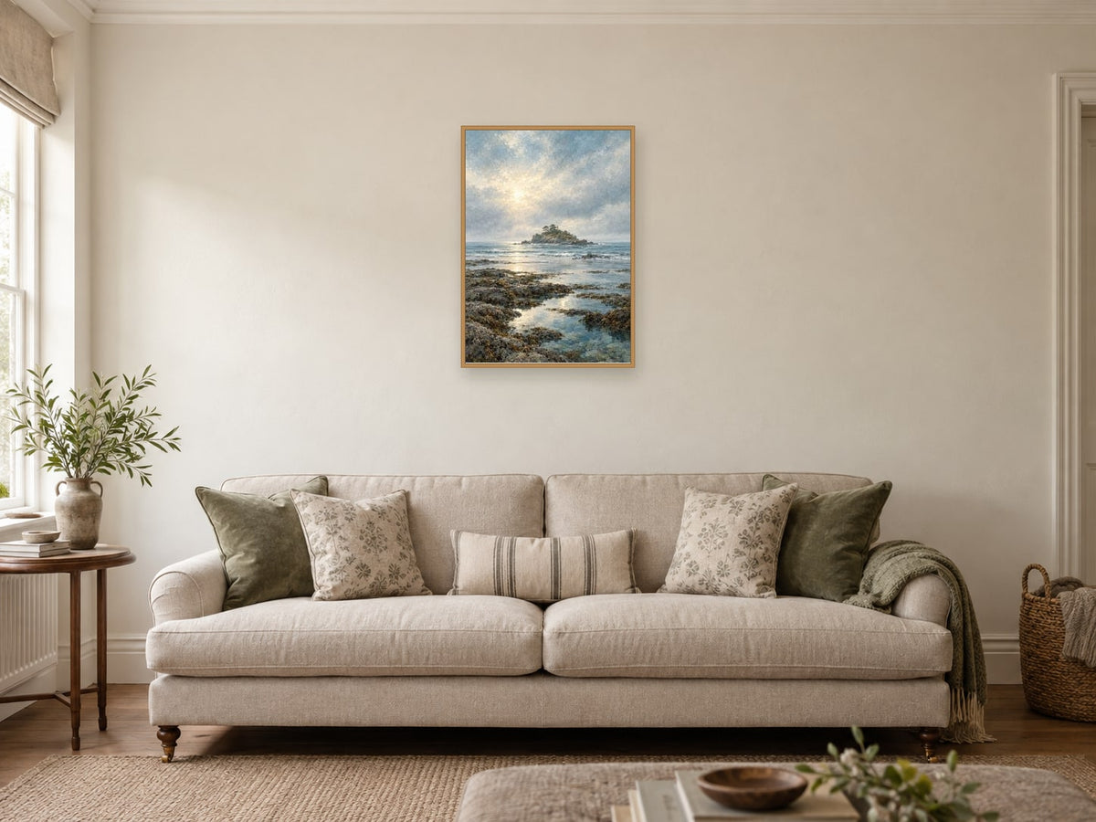 The Distant Island — A2 artwork shown in a room with a natural wood frame; select a framed finish to include a frame