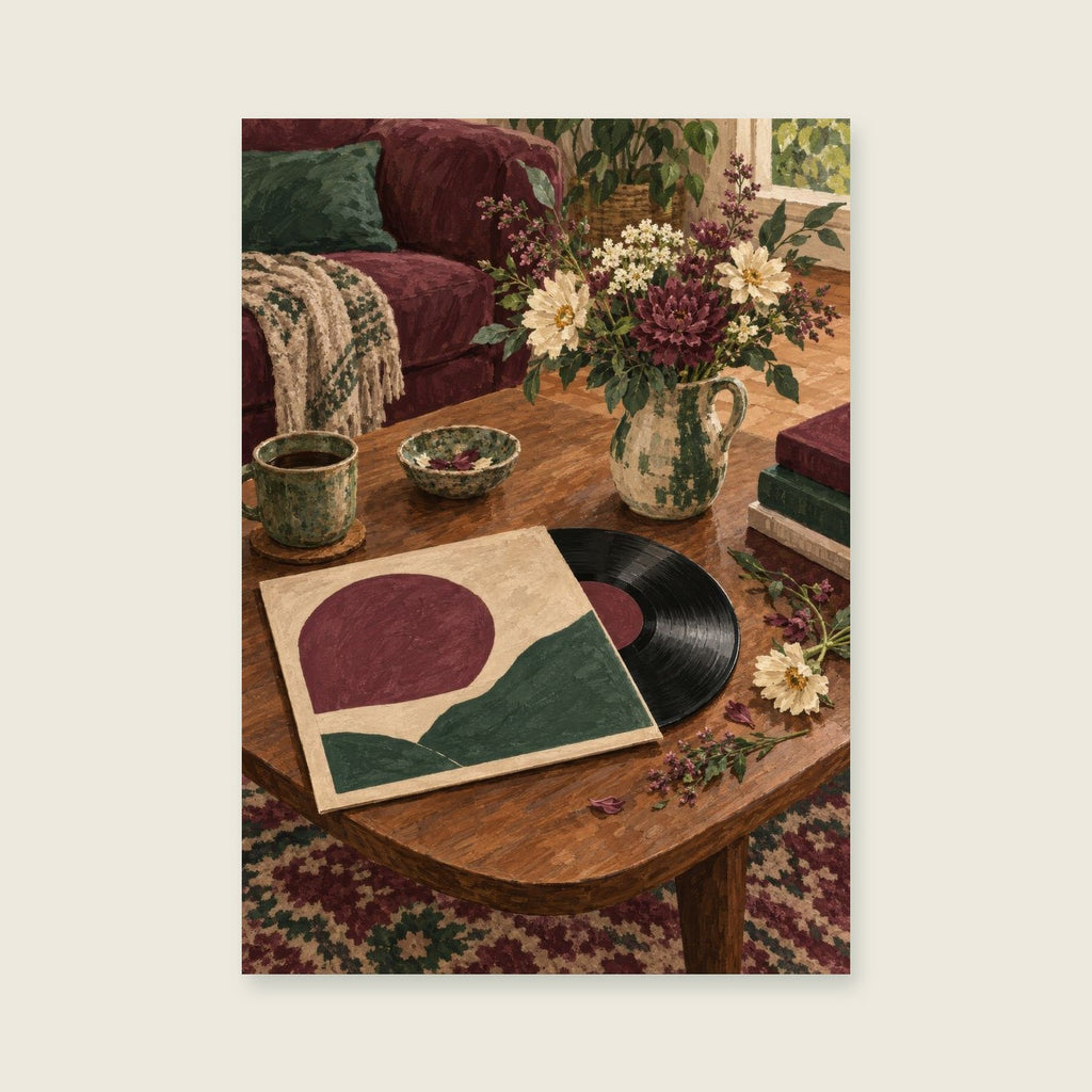 Sunday Vinyl and Flowers — Still-life gouache living room art print