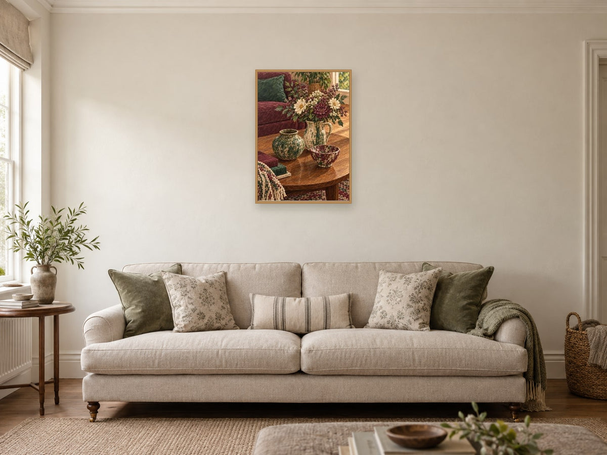 Three Pots at Dusk — A2 artwork shown in a room with a natural wood frame; select a framed finish to include a frame