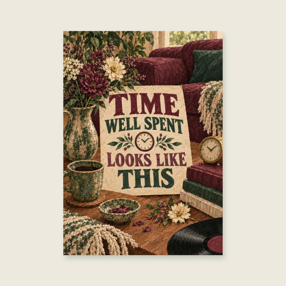 Time Well Spent Looks Like This — Still-life gouache living room art print