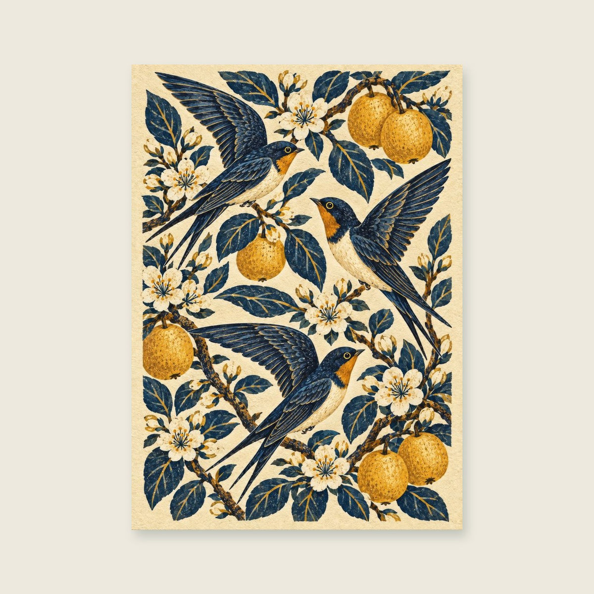 Swallows Across the Orchard — Decorative folk illustration living room art print