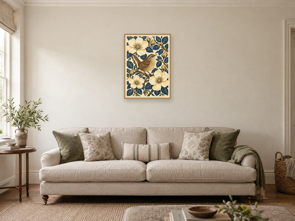 The Wren and the Wild Rose — A2 artwork shown in a room with a natural wood frame; select a framed finish to include a frame