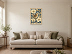 The Wren and the Wild Rose — A2 artwork shown in a room with a natural wood frame; select a framed finish to include a frame