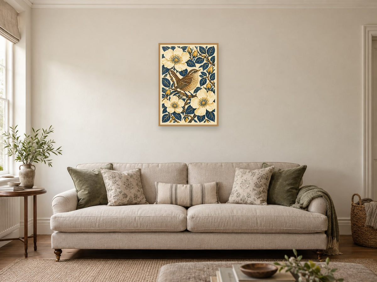 The Wren and the Wild Rose — A2 artwork shown in a room with a natural wood frame; select a framed finish to include a frame
