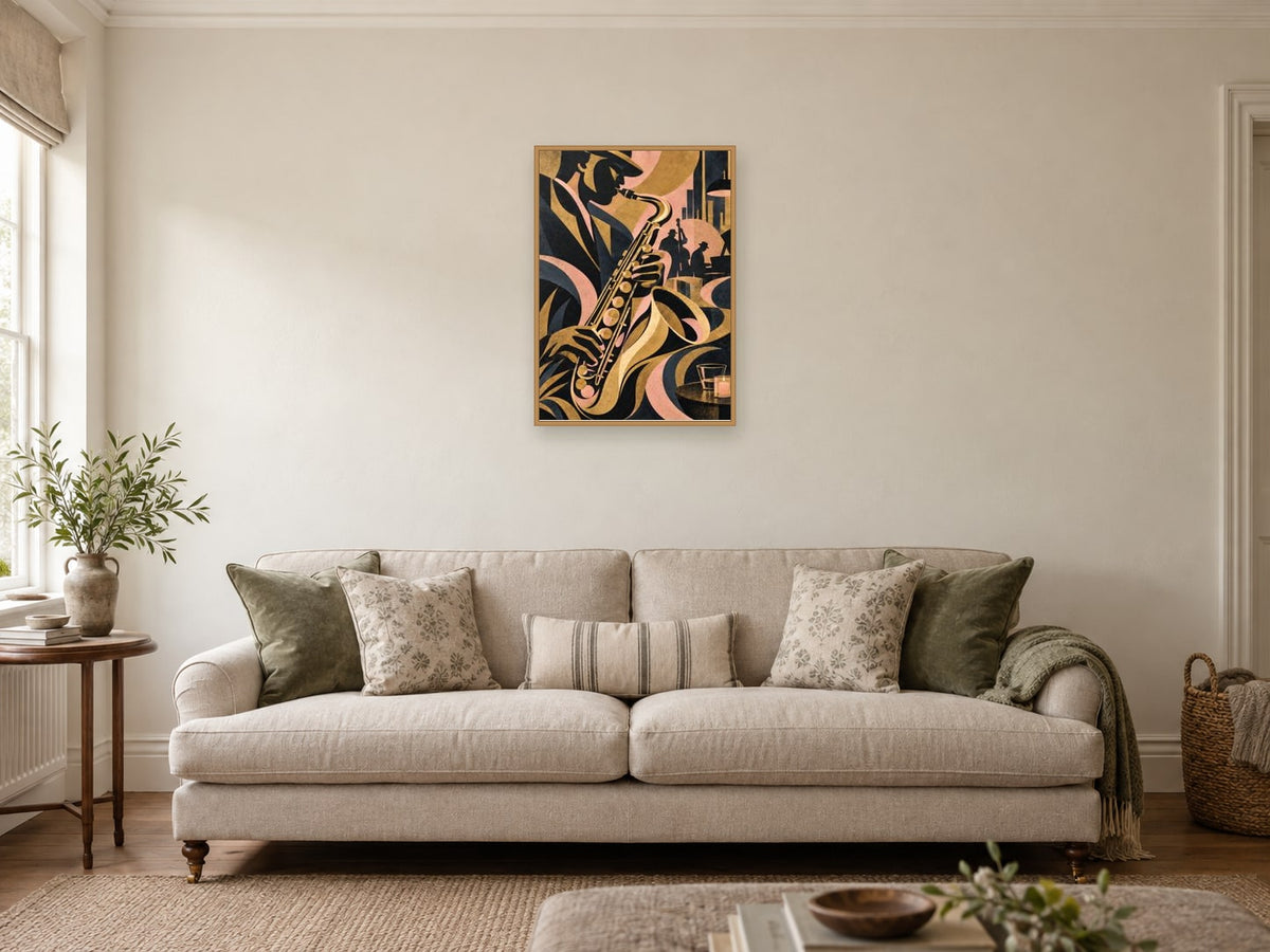 Saxophone in Shadow — A2 artwork shown in a room with a natural wood frame; select a framed finish to include a frame