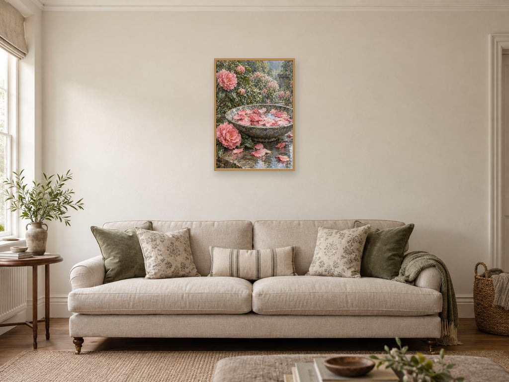 A Bowl of Fallen Petals — A2 artwork shown in a room with a natural wood frame; select a framed finish to include a frame