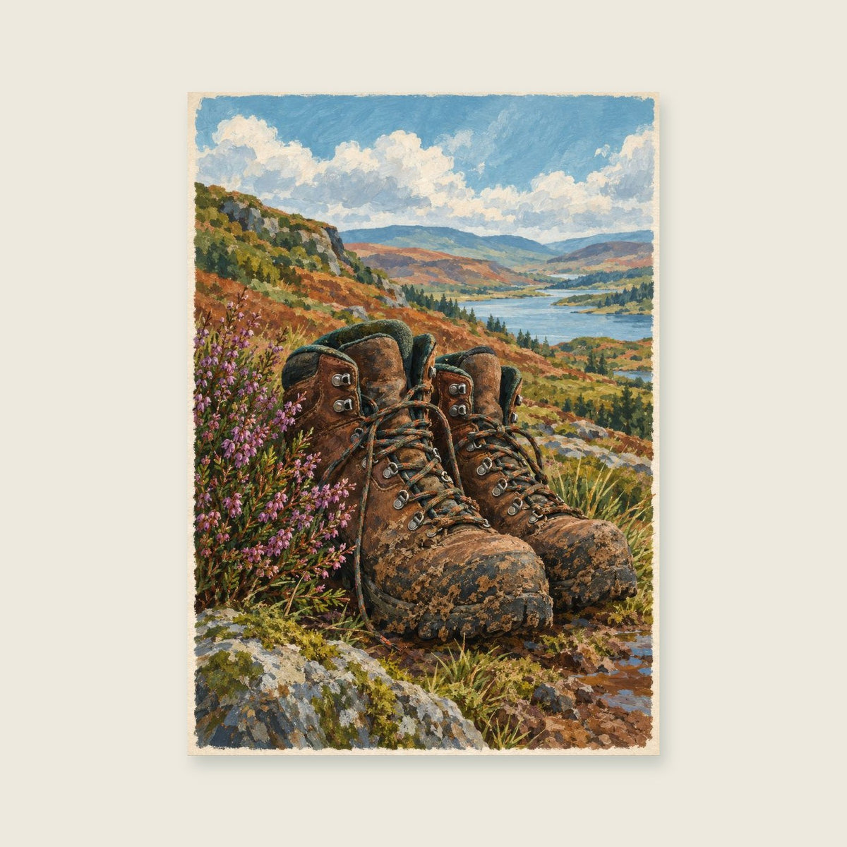 Boots by the Door — Retro editorial gouache living room art print