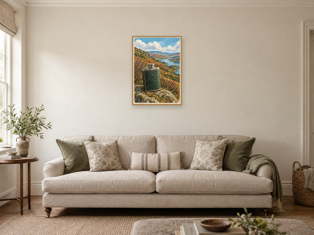 The Thermos on the Hill — A2 artwork shown in a room with a natural wood frame; select a framed finish to include a frame