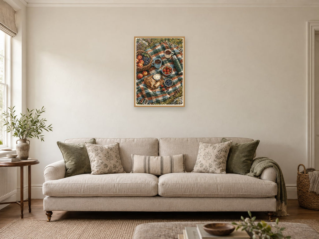 The Picnic Blanket — A2 artwork shown in a room with a natural wood frame; select a framed finish to include a frame