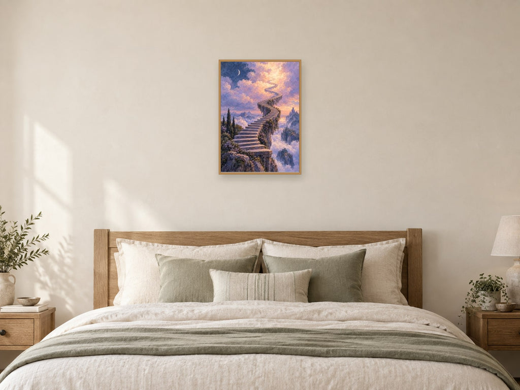 Stairway into the Clouds — A2 artwork shown in a room with a natural wood frame; select a framed finish to include a frame