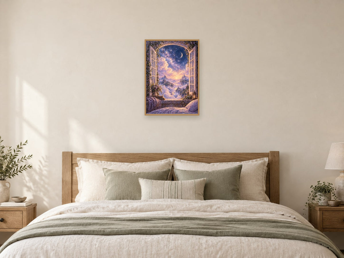 A Window to the Night Sky — A2 artwork shown in a room with a natural wood frame; select a framed finish to include a frame