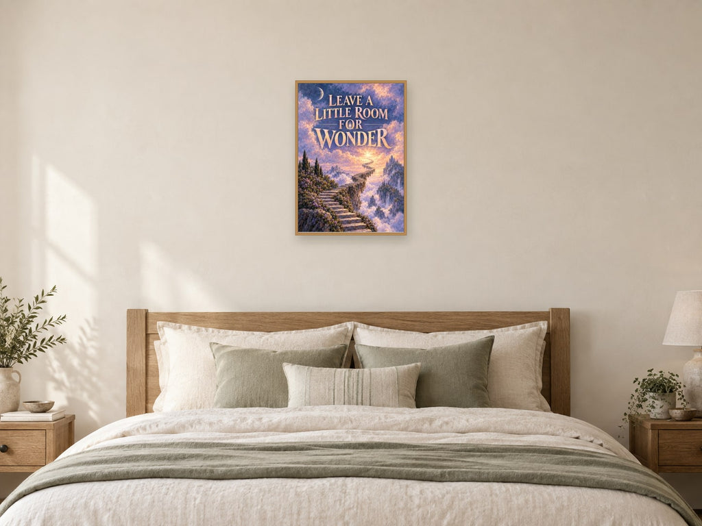 Leave a Little Room for Wonder — A2 artwork shown in a room with a natural wood frame; select a framed finish to include a frame