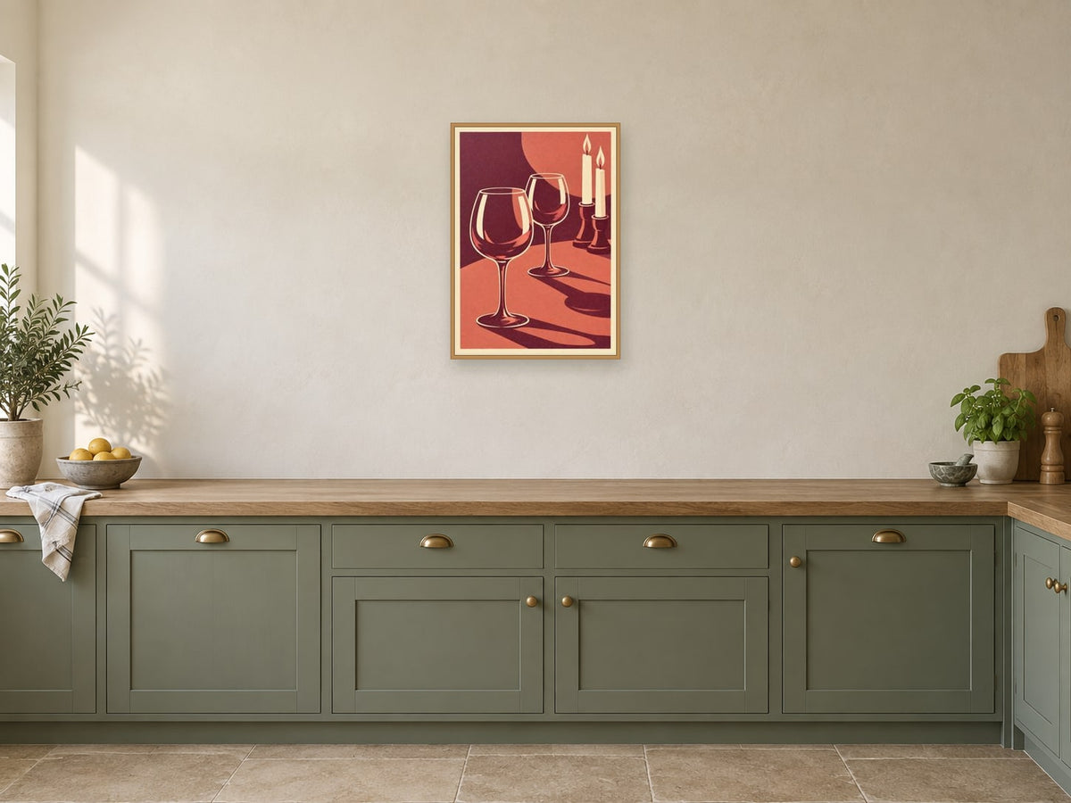 Two Glasses After Supper — A2 artwork shown in a room with a natural wood frame; select a framed finish to include a frame