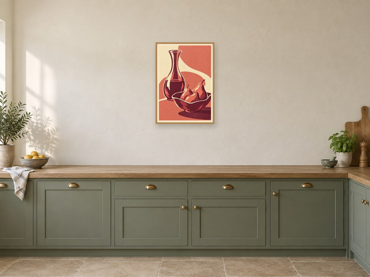 The Carafe and Pears — A2 artwork shown in a room with a natural wood frame; select a framed finish to include a frame