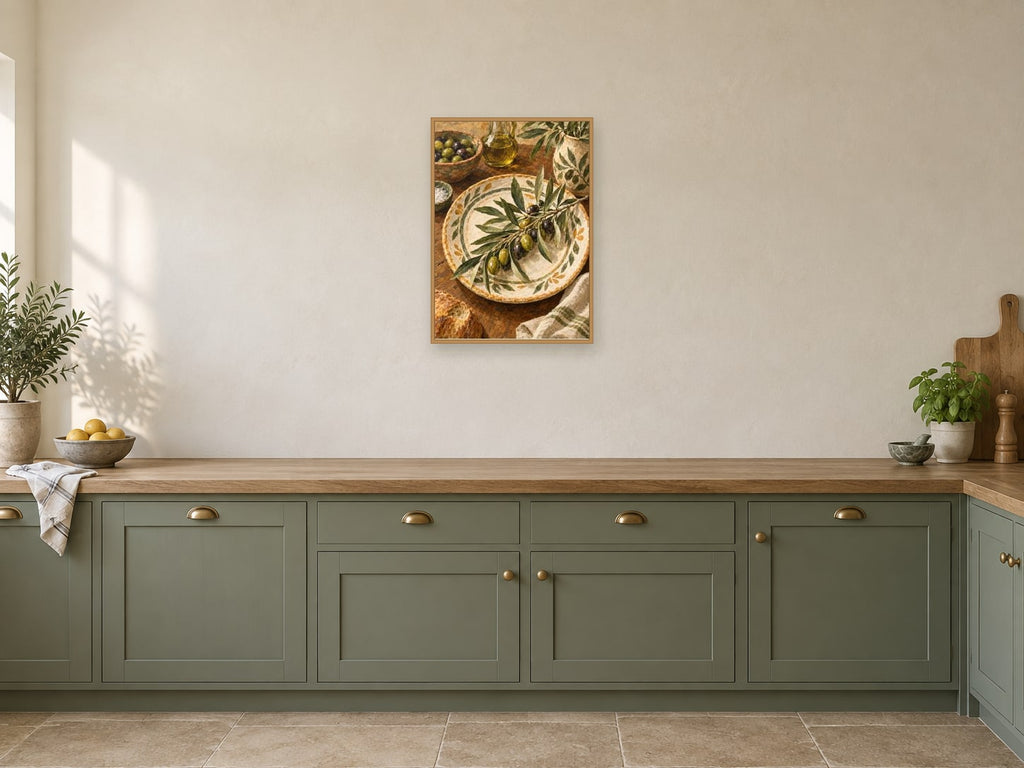 The Olive Branch Plate — A2 artwork shown in a room with a natural wood frame; select a framed finish to include a frame