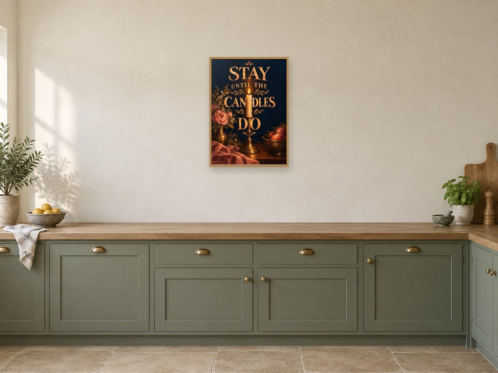 Stay Until the Candles Do — A2 artwork shown in a room with a natural wood frame; select a framed finish to include a frame