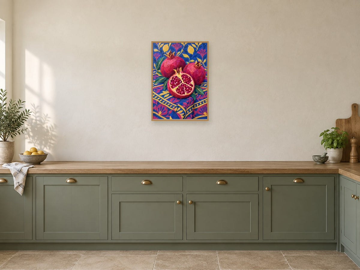 Pomegranates on Checks — A2 artwork shown in a room with a natural wood frame; select a framed finish to include a frame
