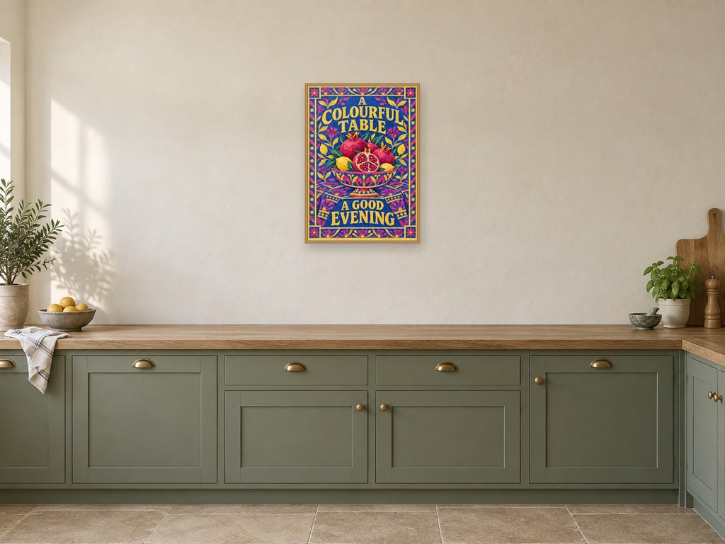 A Colourful Table a Good Evening — A2 artwork shown in a room with a natural wood frame; select a framed finish to include a frame