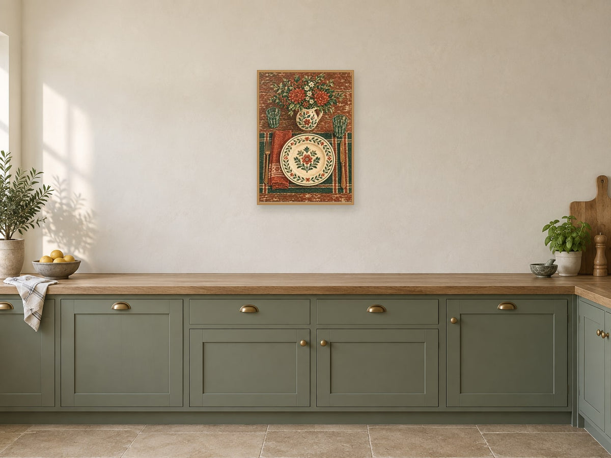 A Place Setting with Flowers — A2 artwork shown in a room with a natural wood frame; select a framed finish to include a frame