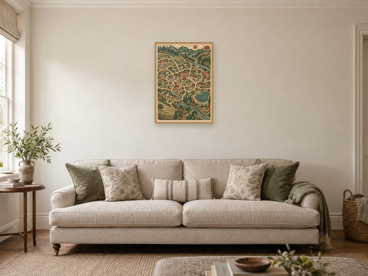 Routes Around Home — A2 artwork shown in a room with a natural wood frame; select a framed finish to include a frame