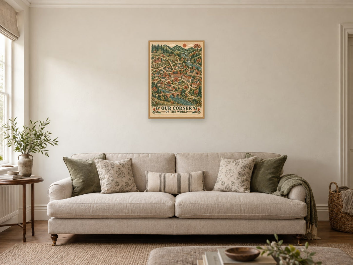 Our Corner of the World — A2 artwork shown in a room with a natural wood frame; select a framed finish to include a frame