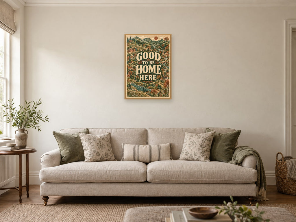 Good to Be Home Here — A2 artwork shown in a room with a natural wood frame; select a framed finish to include a frame