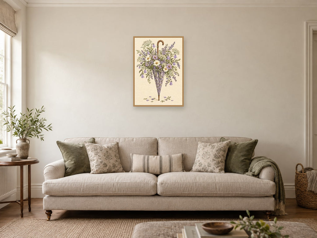 Umbrella Full of Flowers — A2 artwork shown in a room with a natural wood frame; select a framed finish to include a frame
