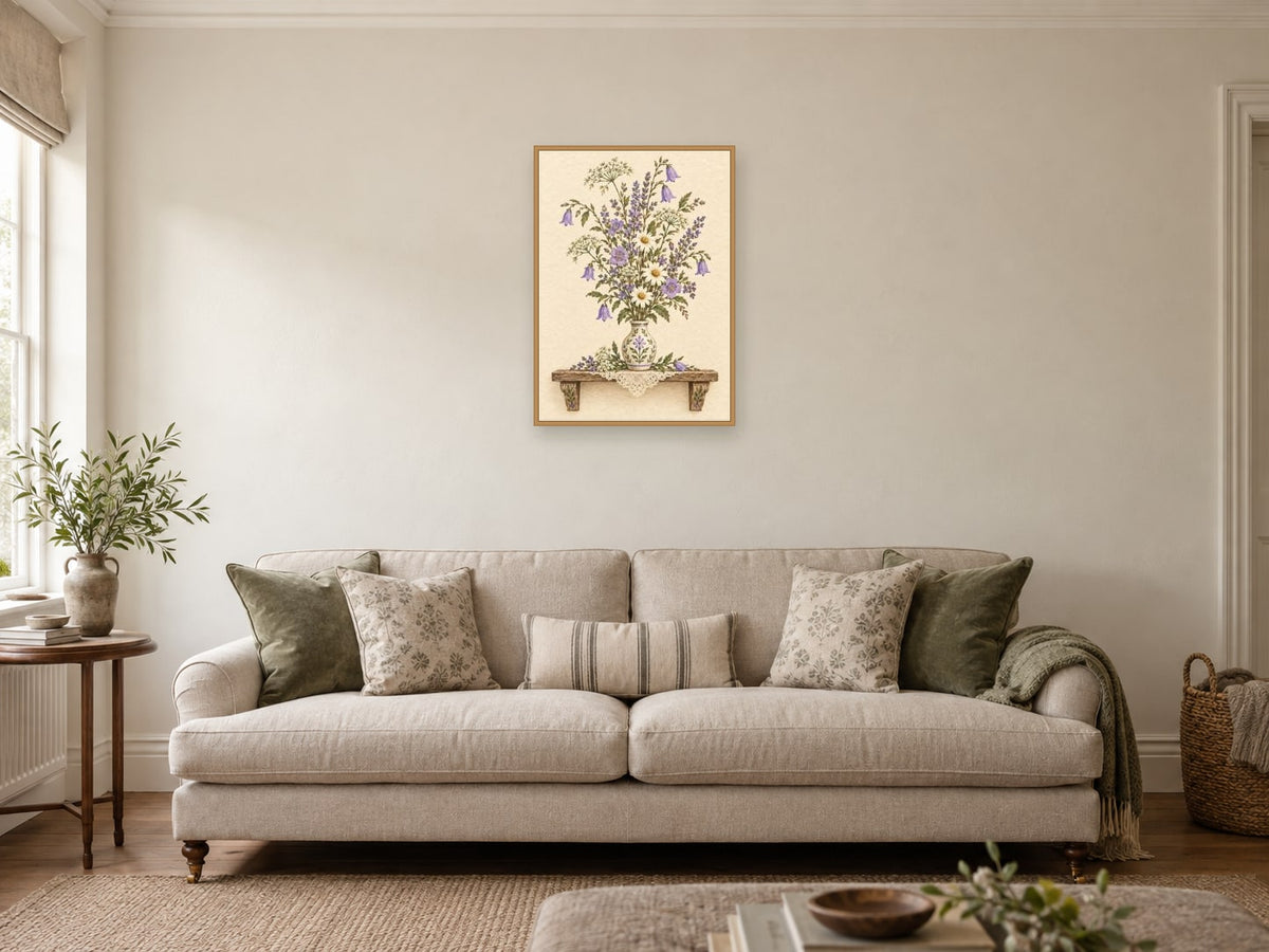 The Little Welcome Vase — A2 artwork shown in a room with a natural wood frame; select a framed finish to include a frame