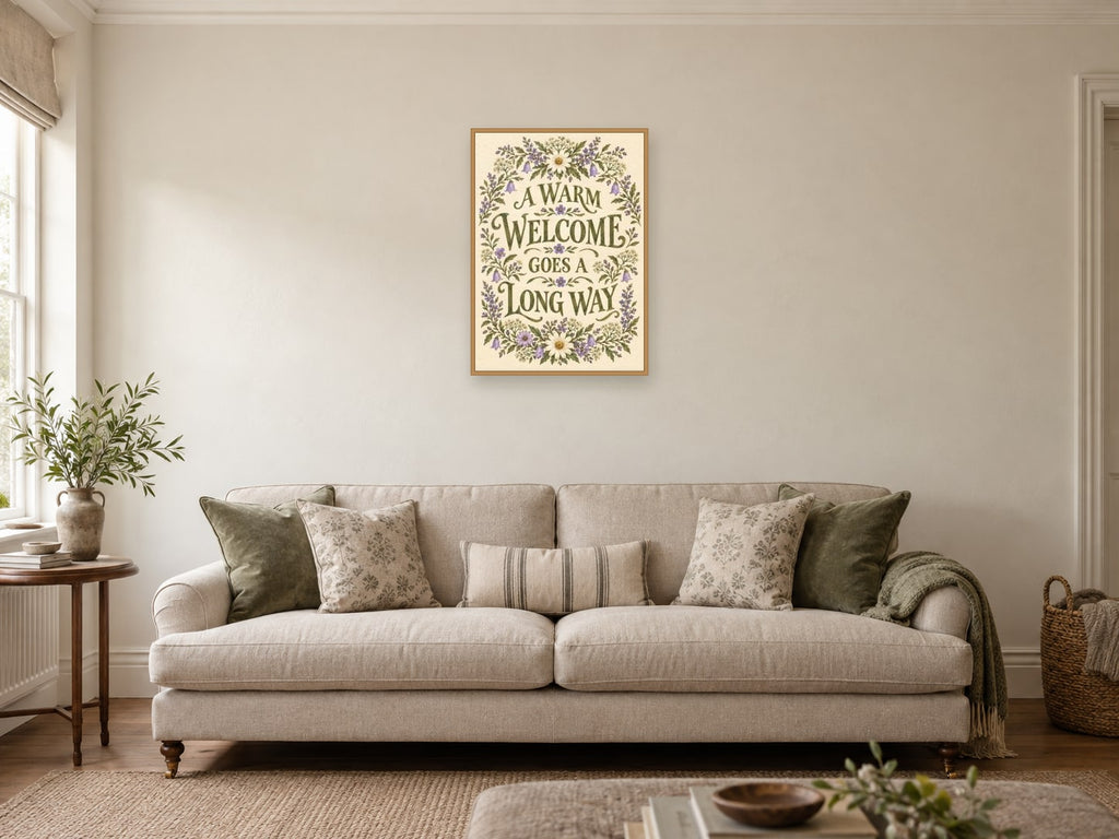 A Warm Welcome Goes a Long Way — A2 artwork shown in a room with a natural wood frame; select a framed finish to include a frame