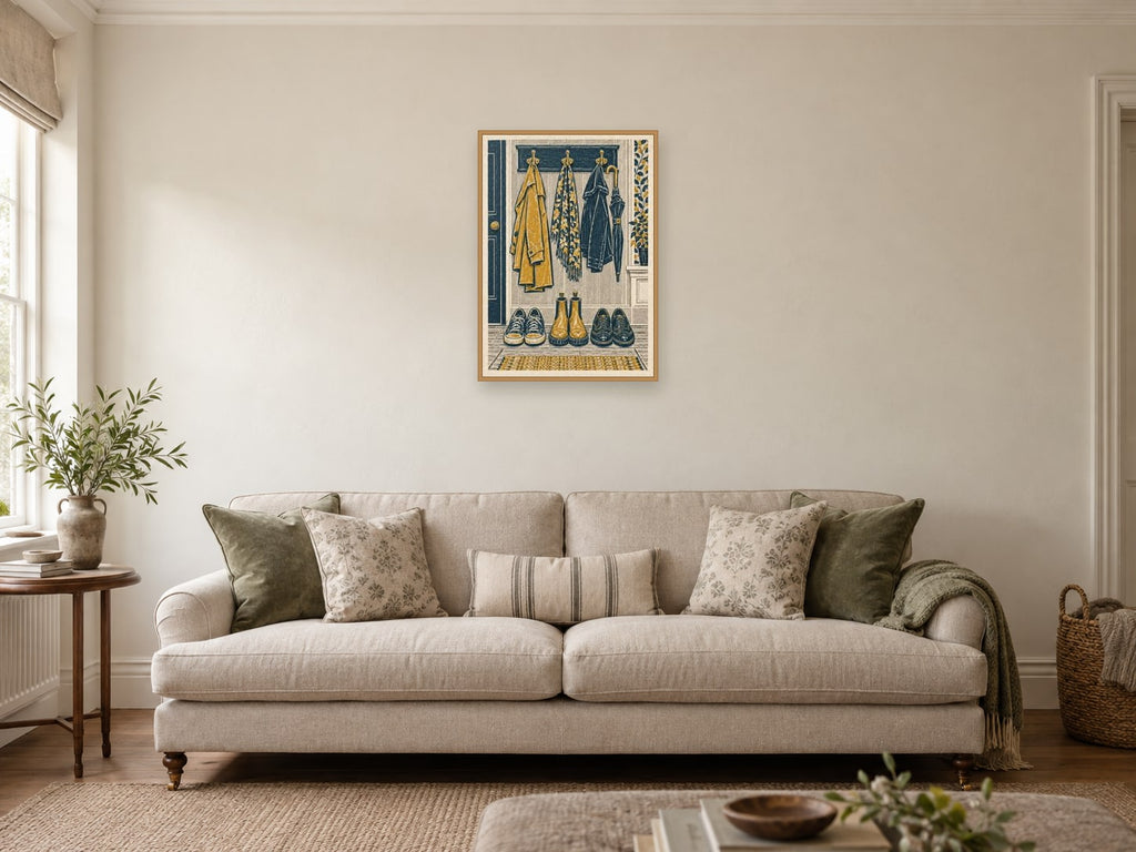 Shoes Ready for Tomorrow — A2 artwork shown in a room with a natural wood frame; select a framed finish to include a frame