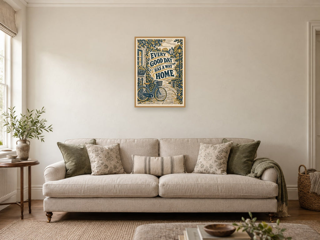 Every Good Day Has a Way Home — A2 artwork shown in a room with a natural wood frame; select a framed finish to include a frame