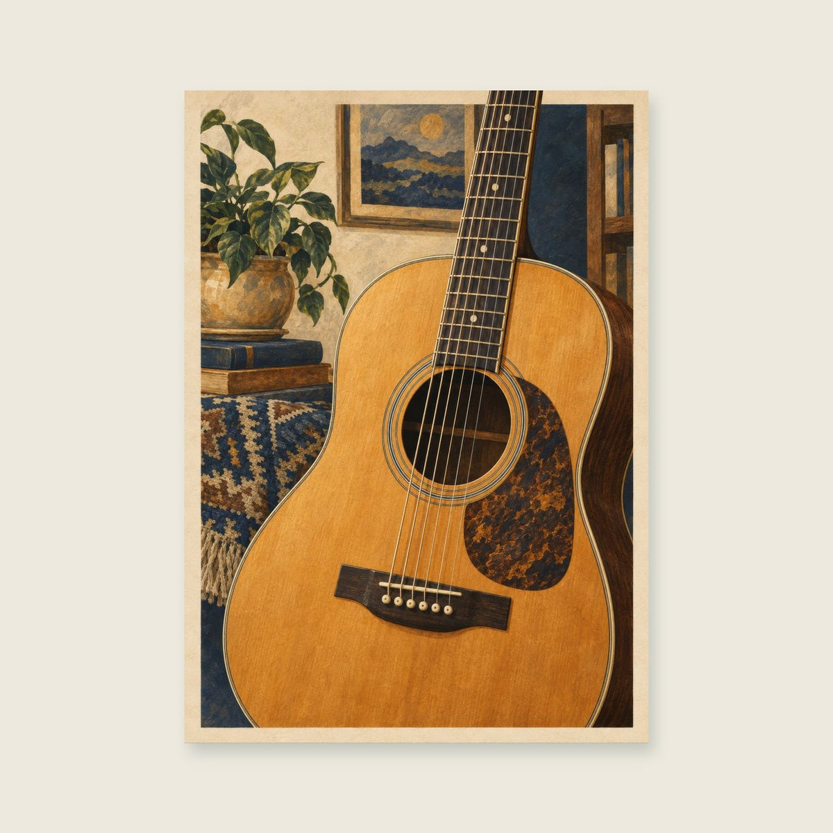 Six Strings in Warm Light — Detailed painterly illustration music art print