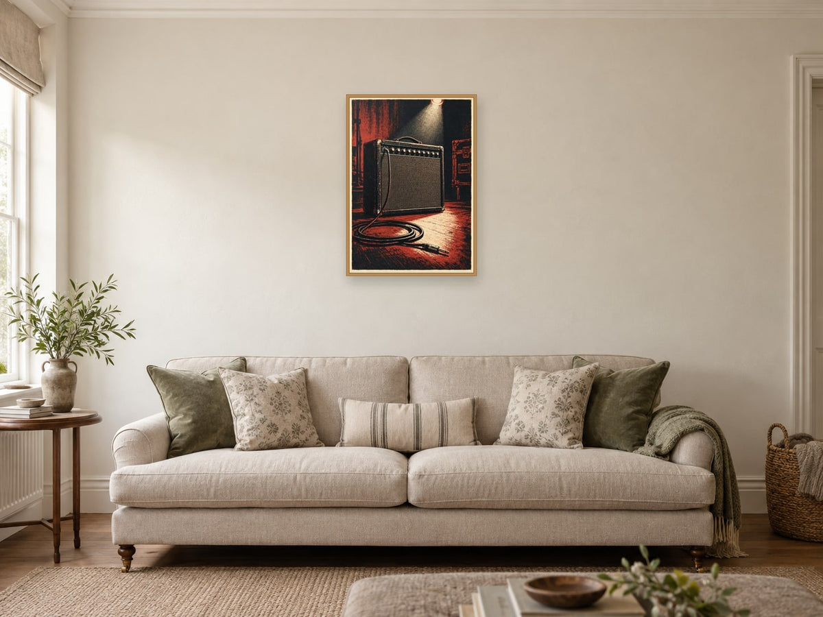 The Amplifier Glow — A2 artwork shown in a room with a natural wood frame; select a framed finish to include a frame
