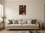 Drums Under the Spotlight — A2 artwork shown in a room with a natural wood frame; select a framed finish to include a frame