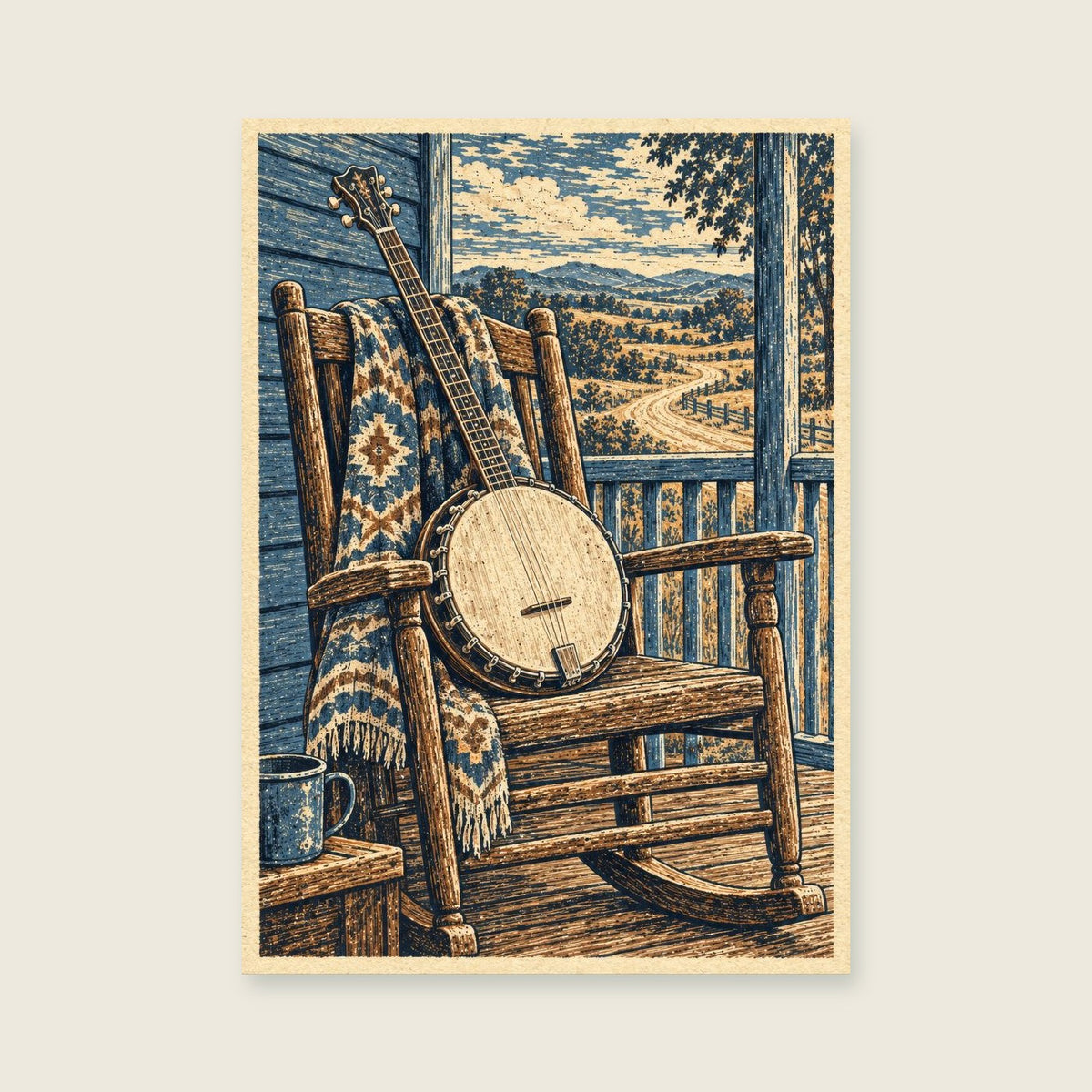 The Porch Banjo — Vintage woodcut illustration music art print