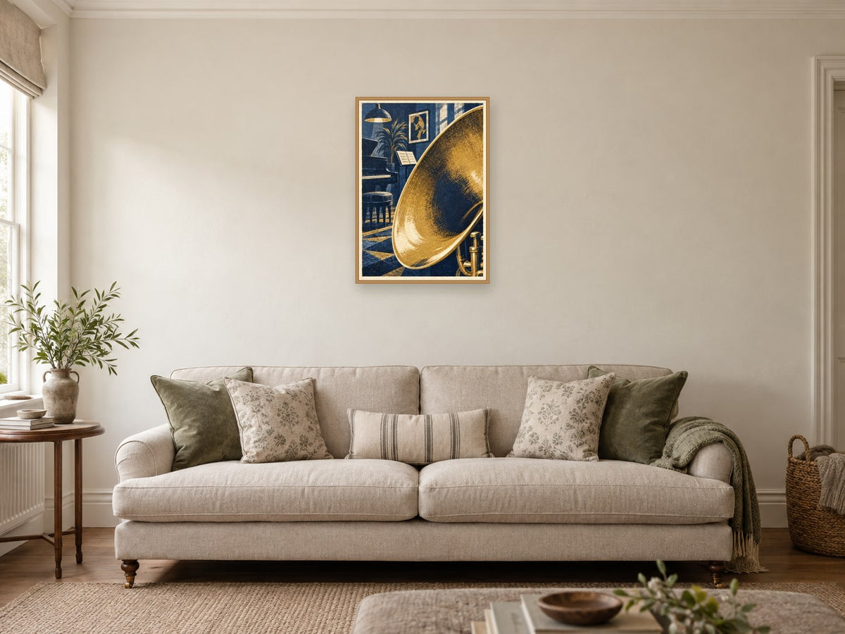 The Trumpet Bell — A2 artwork shown in a room with a natural wood frame; select a framed finish to include a frame