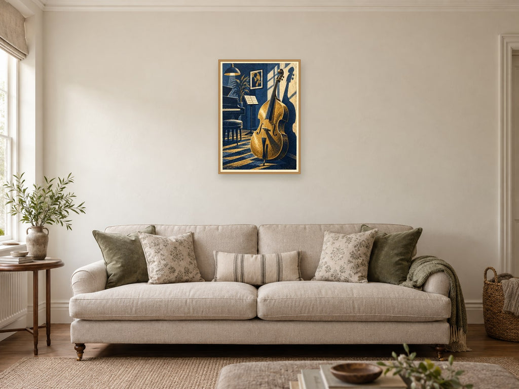 The Upright Bass Shadow — A2 artwork shown in a room with a natural wood frame; select a framed finish to include a frame