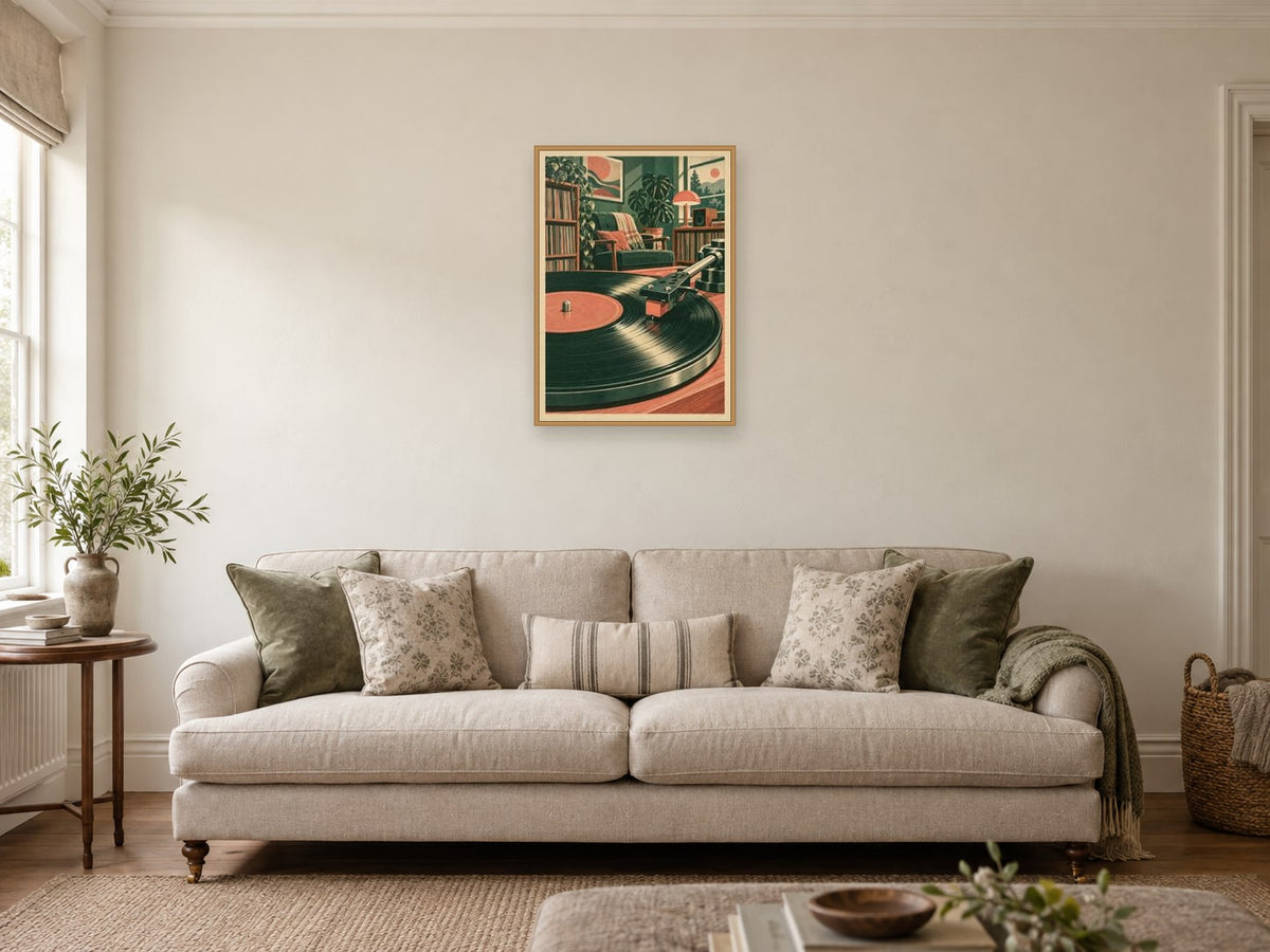Needle at the Edge — A2 artwork shown in a room with a natural wood frame; select a framed finish to include a frame