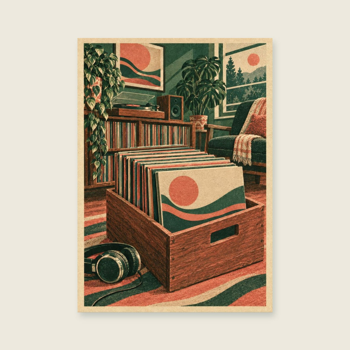 The Crate of Records — Retro graphic illustration music art print