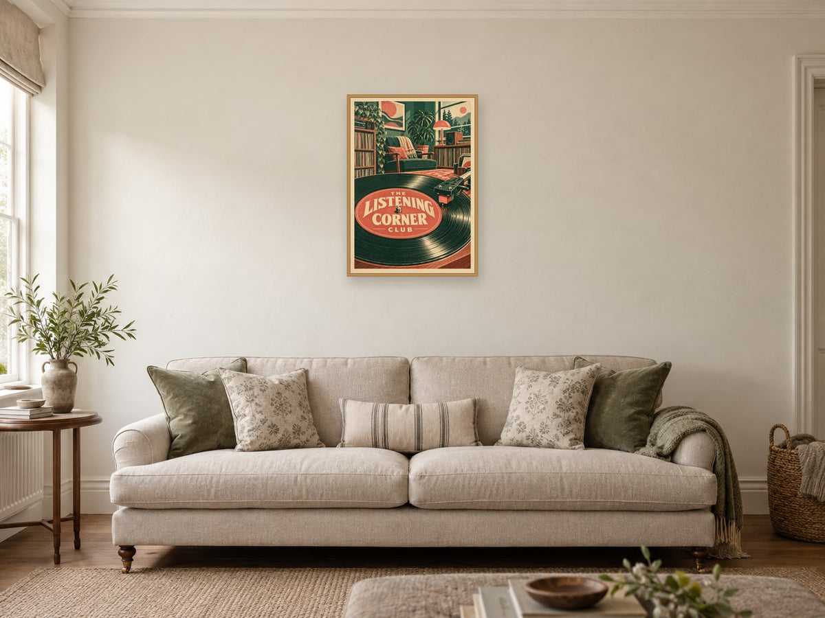The Listening Corner Club — A2 artwork shown in a room with a natural wood frame; select a framed finish to include a frame