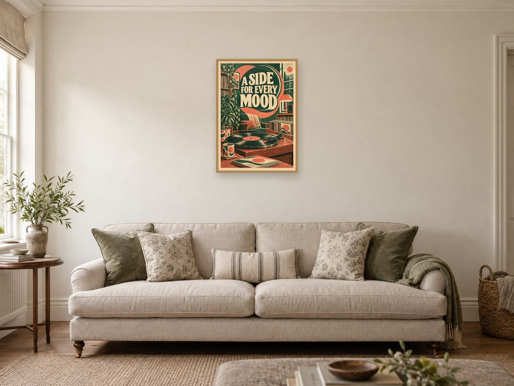 A Side for Every Mood — A2 artwork shown in a room with a natural wood frame; select a framed finish to include a frame