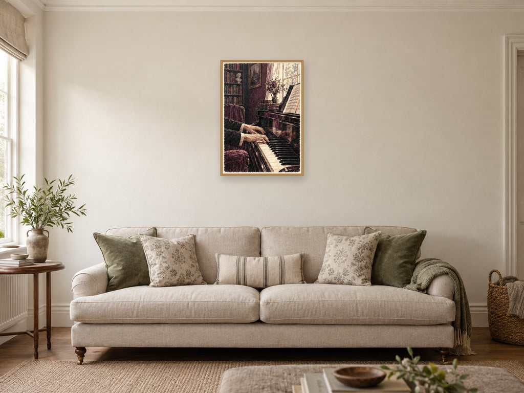 Hands over the Piano — A2 artwork shown in a room with a natural wood frame; select a framed finish to include a frame